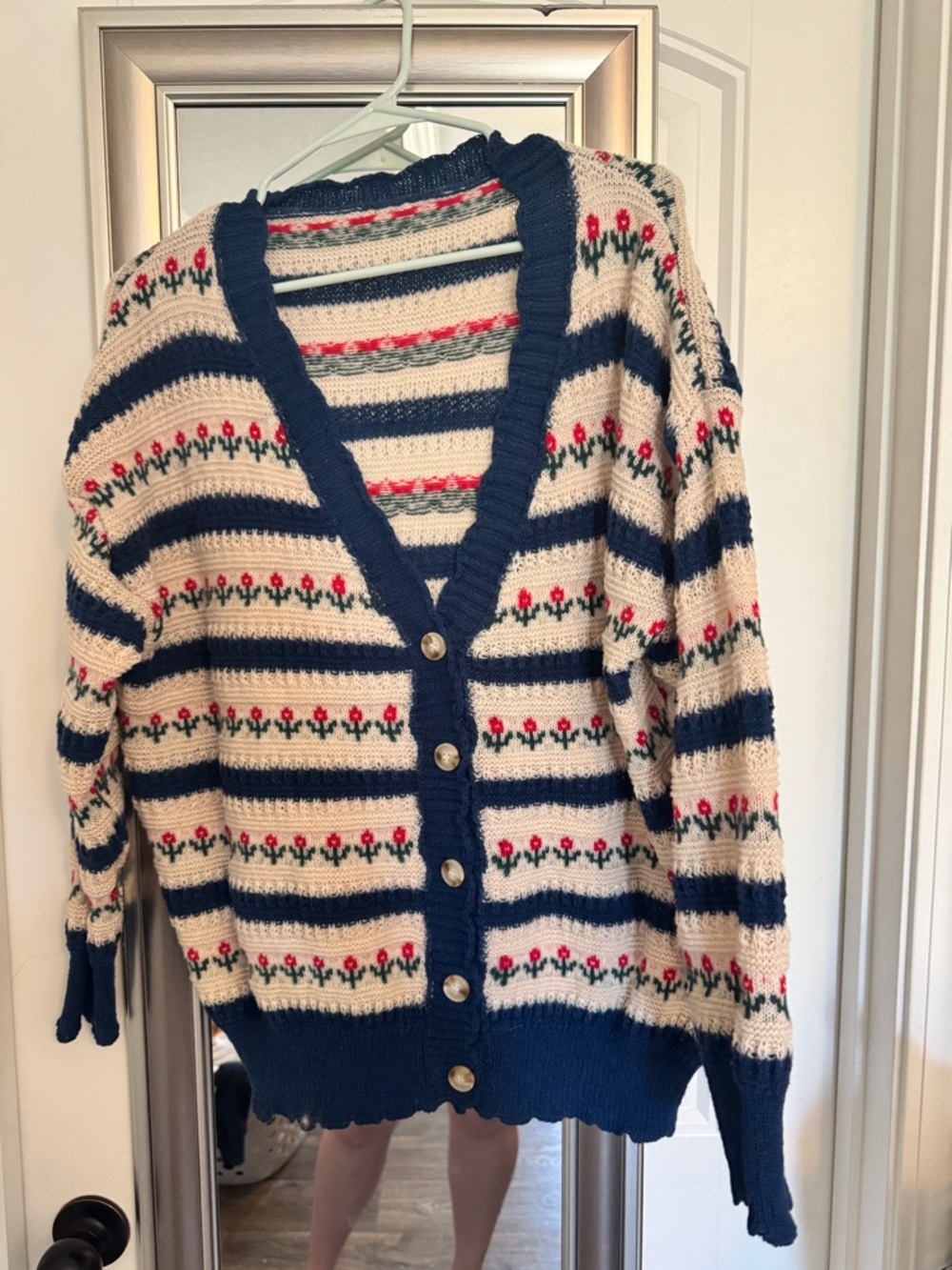 SHEIN Cream, Navy & Red Striped Floral Cardigan